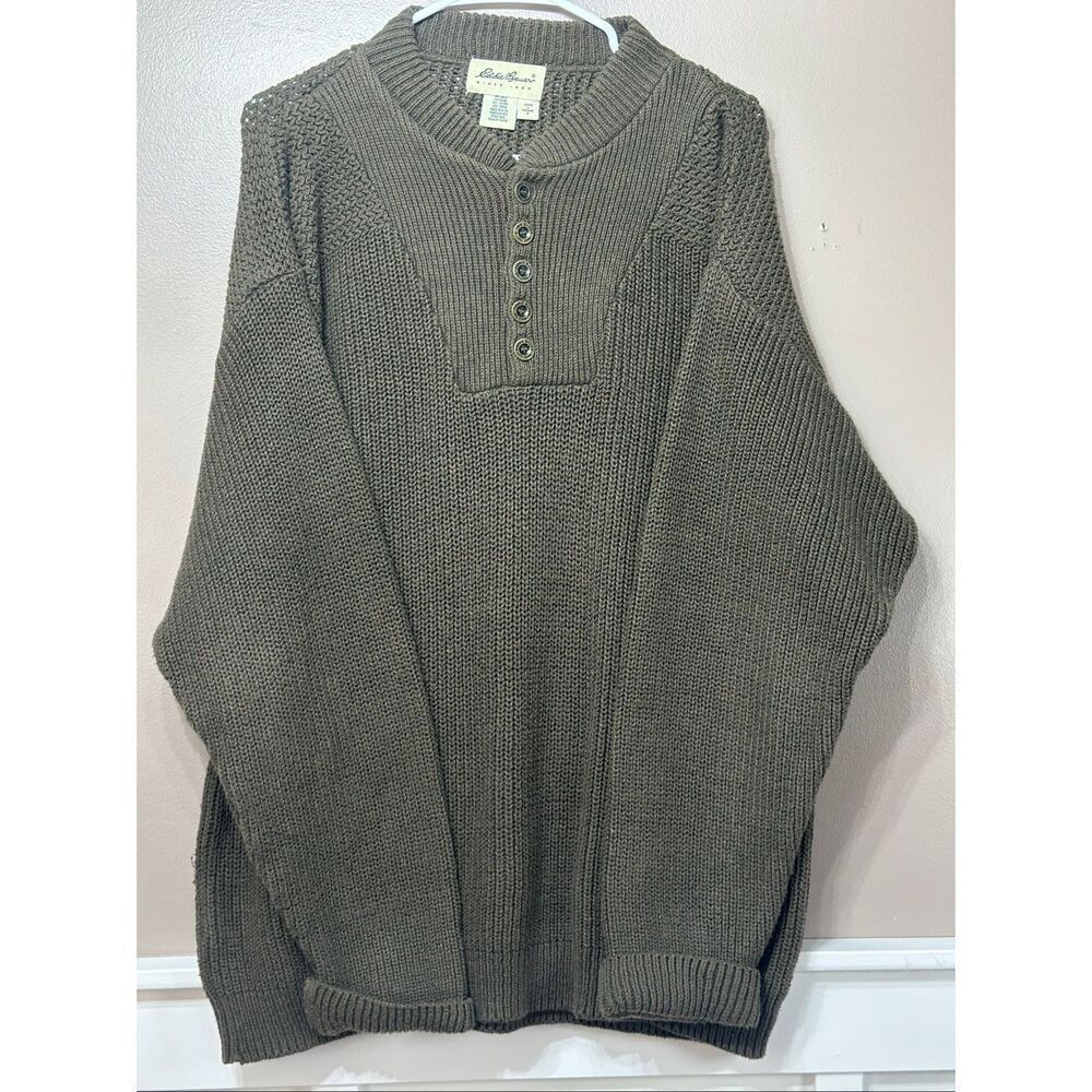 Vintage Eddie Bauer Army Green Cotton Knit Quarter Button Pullover Sweatshirt L - Picture 2 of 10